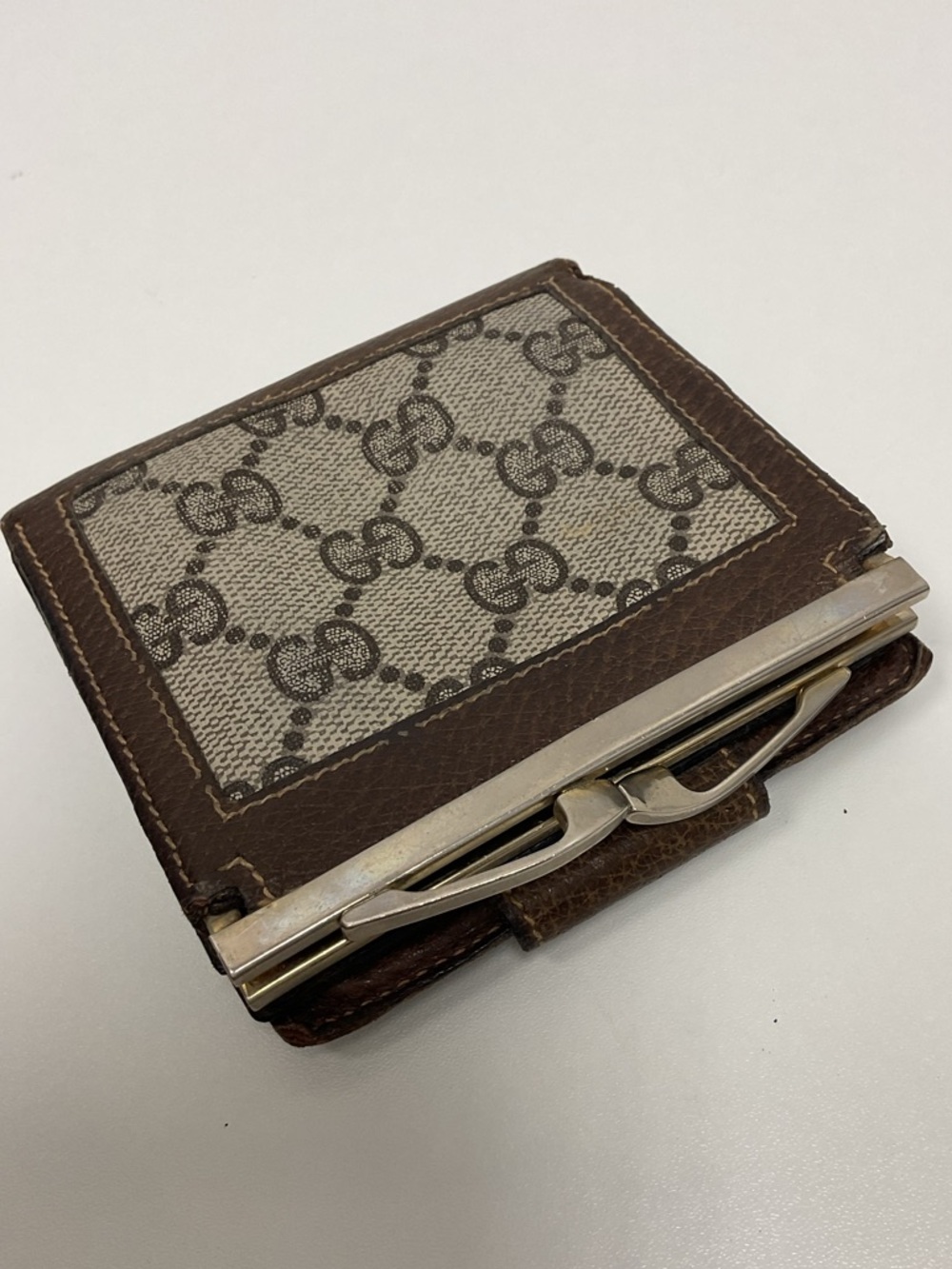 Gucci Vintage GG Supreme Wallet Brown Leather Trim Bifold Snap Coin Purse Italy - Picture 9 of 16